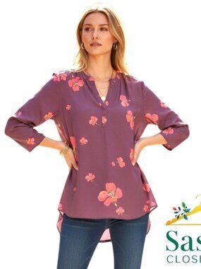 Daniel Rainn Purple Red Floral Blouse L High Low Roll Tab V Neck Tunic D14198PR1